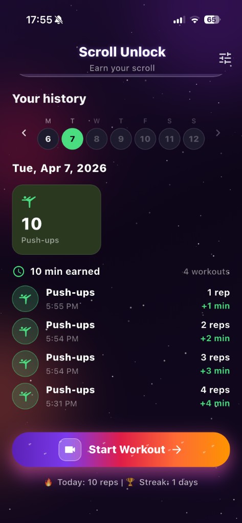 Daily workout history, reps, and minutes earned.