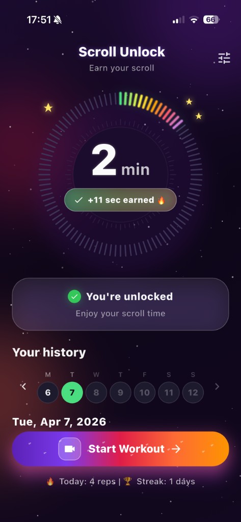 Home screen with scroll time balance and unlocked status.